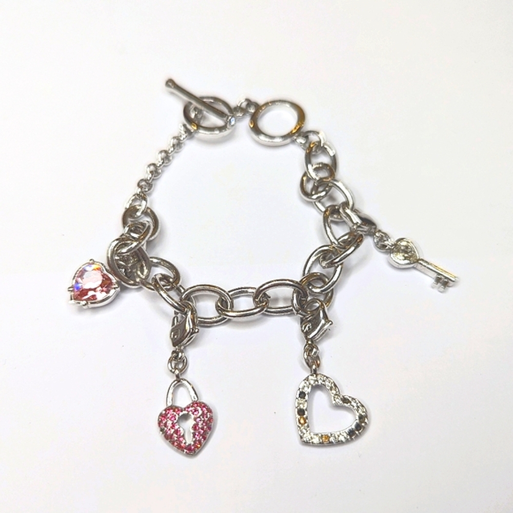 SWAROVSKI HEART LOCK KEY Charm Bracelet - Pink & Rhinestone Heart 9” - AUTHENTIC